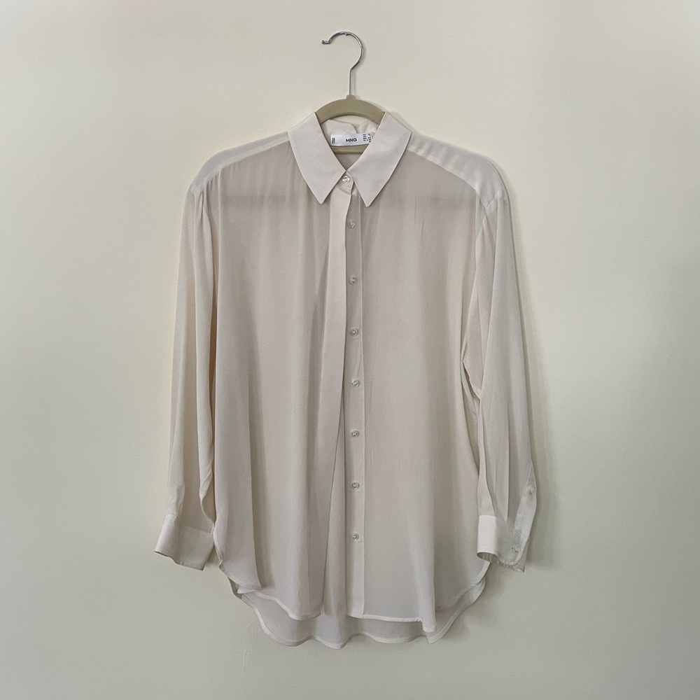 Mango 100% Silk Sheer Oversized White Button Down, XS